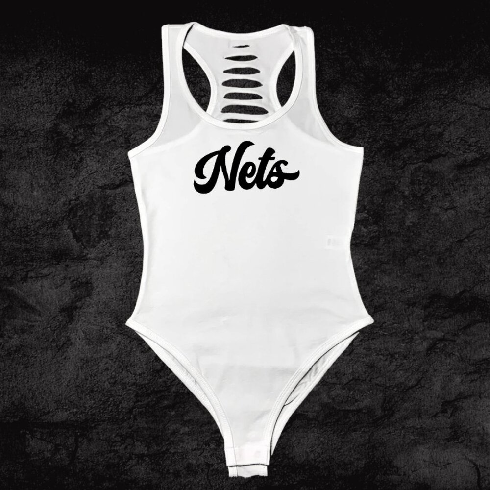 White/Black Handmade Brooklyn Basketball Womens Bodysuit, Net Fan, GO New York